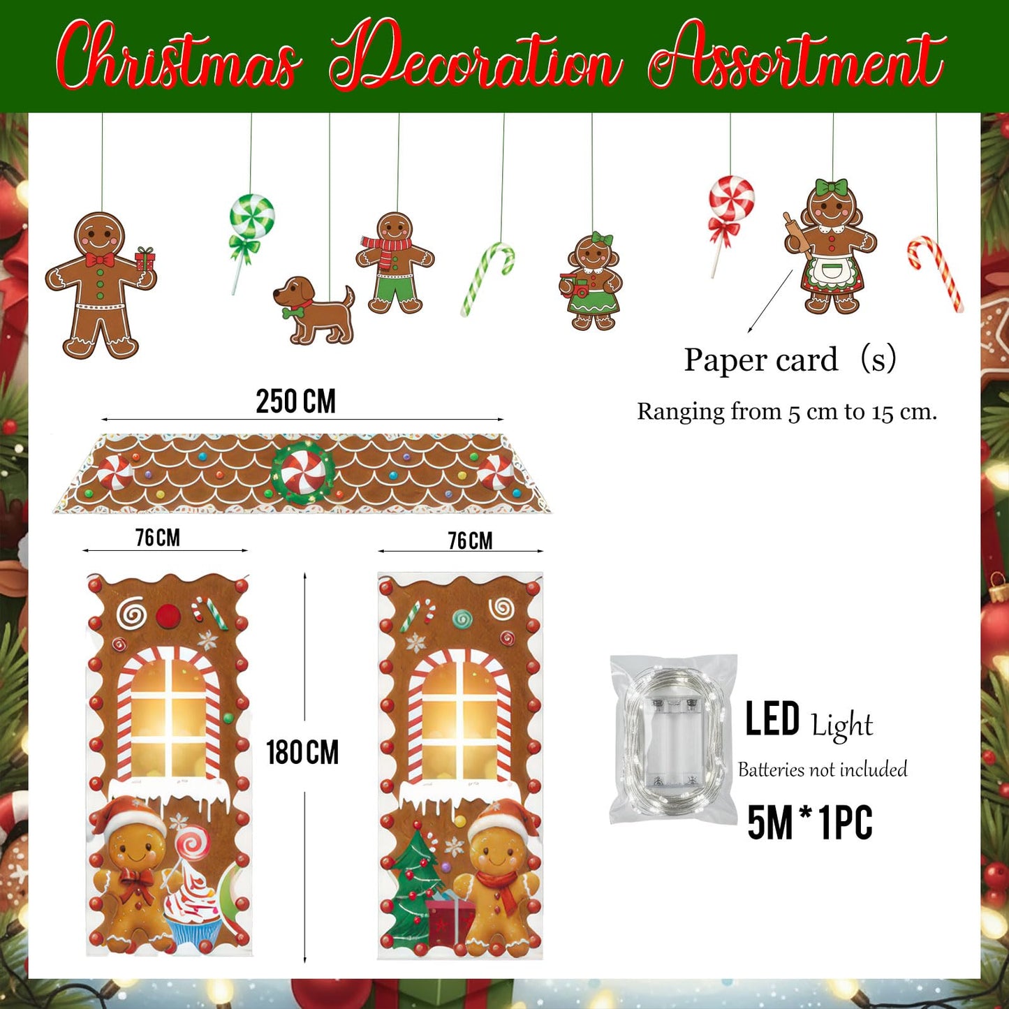 Christmas Gingerbread Door with lights Cardboard Cover Decorations,Gingerbread House Candy Porch Banner Sign for Xmas Holiday Classroom Office Home Party Decor