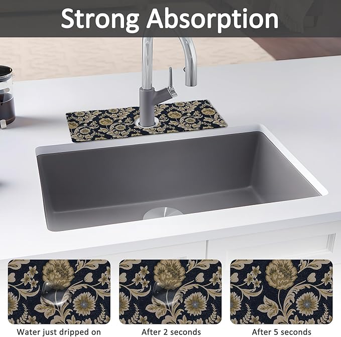 15" X 5.5" Kitchen Sink Splash Guard Faucet Mat Floral Flower Super Absorbent