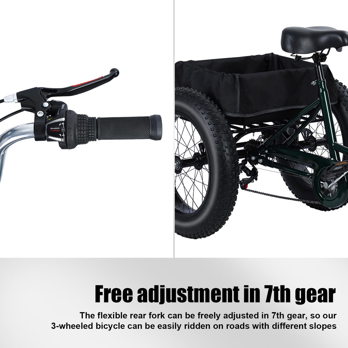 Maixhae Tricycle for Adults, Fat Tire 3 Wheel Bike with 7 Speeds, 450lbs Capacity, 20 Inch All-Terrain Trike, Dual Disc Brakes, Adjustable Seat & Large Rear Basket (Black)