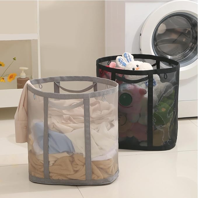 Mesh Bag with Handles, Collapsible Laundry Basket, Foldable Laundry Bag