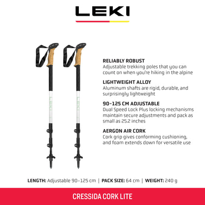 LEKI Cressida Cork Lite Aluminum Adjustable Lightweight Walking Poles for Trekking & Hiking - White-Silver-Green - 90-125 cm