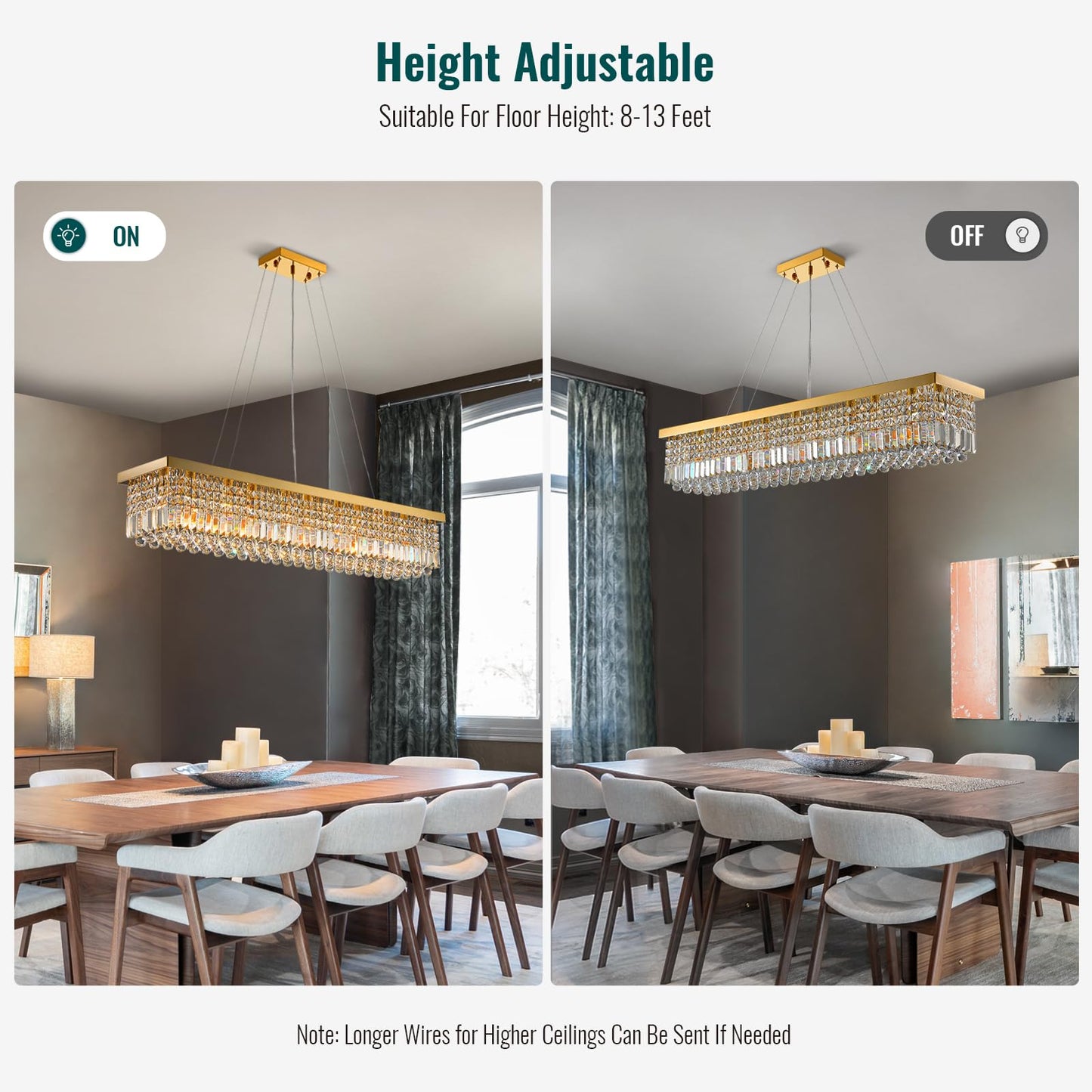 Siljoy Rectangular Gold Crystal Chandelier for Dining Room, 10-Light Modern Rectangle K9 Crystal Raindrop Chandelier, Luxury Dimmable Crystal Ceiling Light for Living Room Kitchen Island L47''