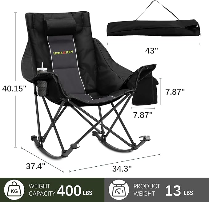 Oversized Rocking Camping Chair with Headrest & Cup Holder - 400lbs Capacity, 600D Oxford Fabric, Easy Fold Portable Outdoor Rocker Chair for Camping, Backyard, Beach, Deep Gray