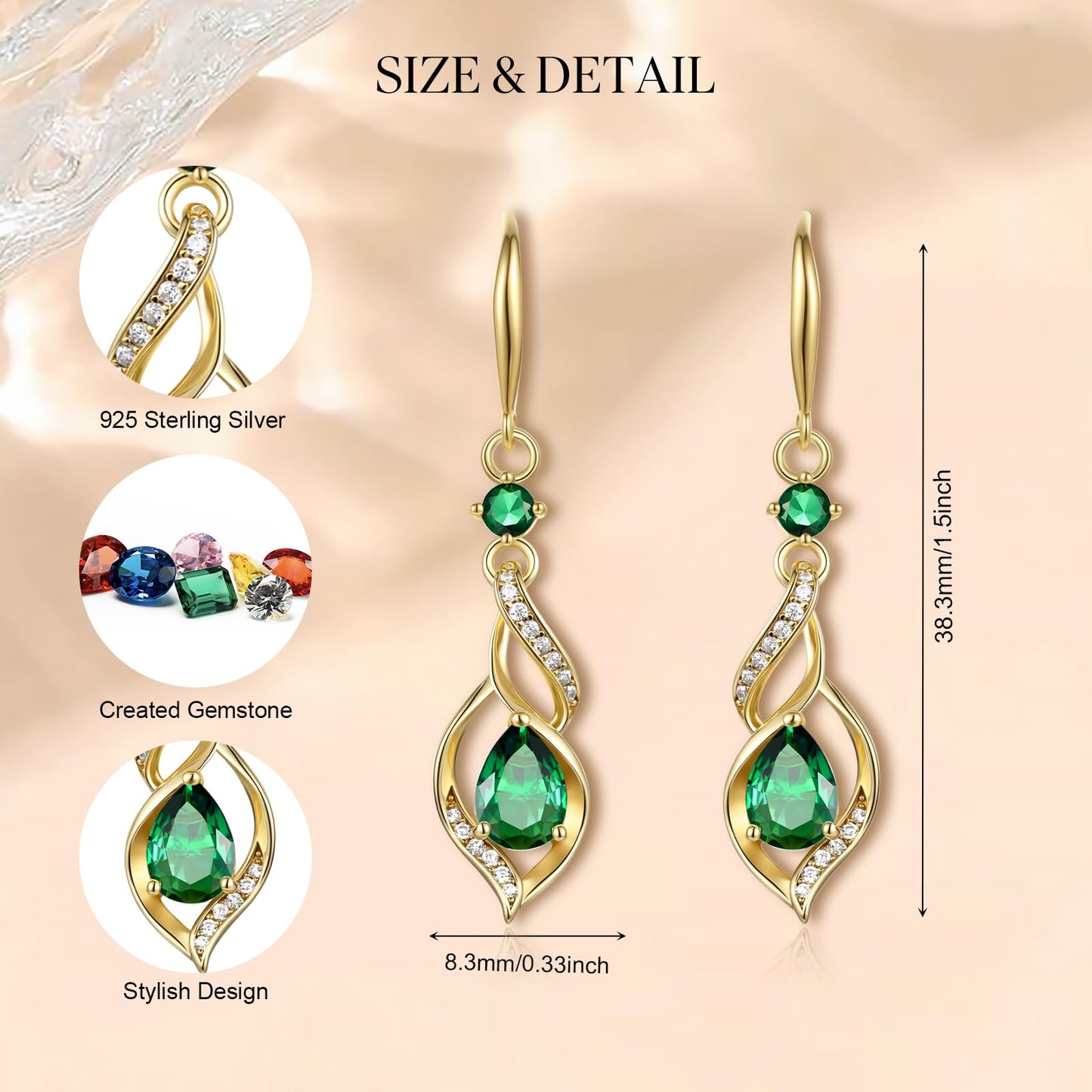 FANCIME 14K Gold Plated May Birthstone Dangle Earrings for Women Teardrop Emerald Earrings S925 Sterling Silver infinity Love Birthday Gifts for Mom Women