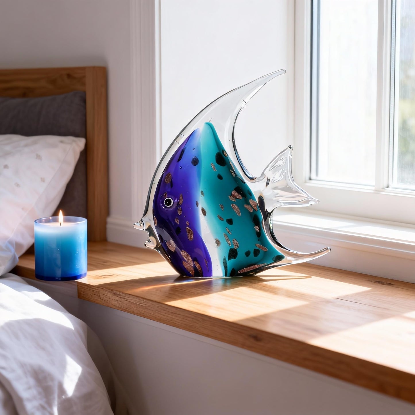 PlivBloom Glass Fish Sculpture – Hand Blown Glass Art, Tropical Fish Figurine, Decorative Ornament, Sea Glass Home Decor, Modern Beach Decor for Living Room, Office, TV Stand, Bathroom (Blue)