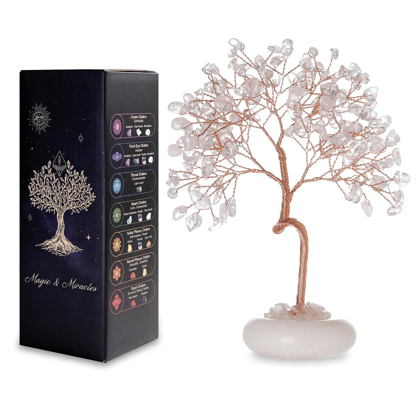 Clear Quartz Healing Crystal Tree of Life, Office Desk Home Shelf Decor, Bonsai Natural Stone Healing Crystals Copper Wire Money Tree with White Jade Base Spiritual Yoga Gifts for Women Men