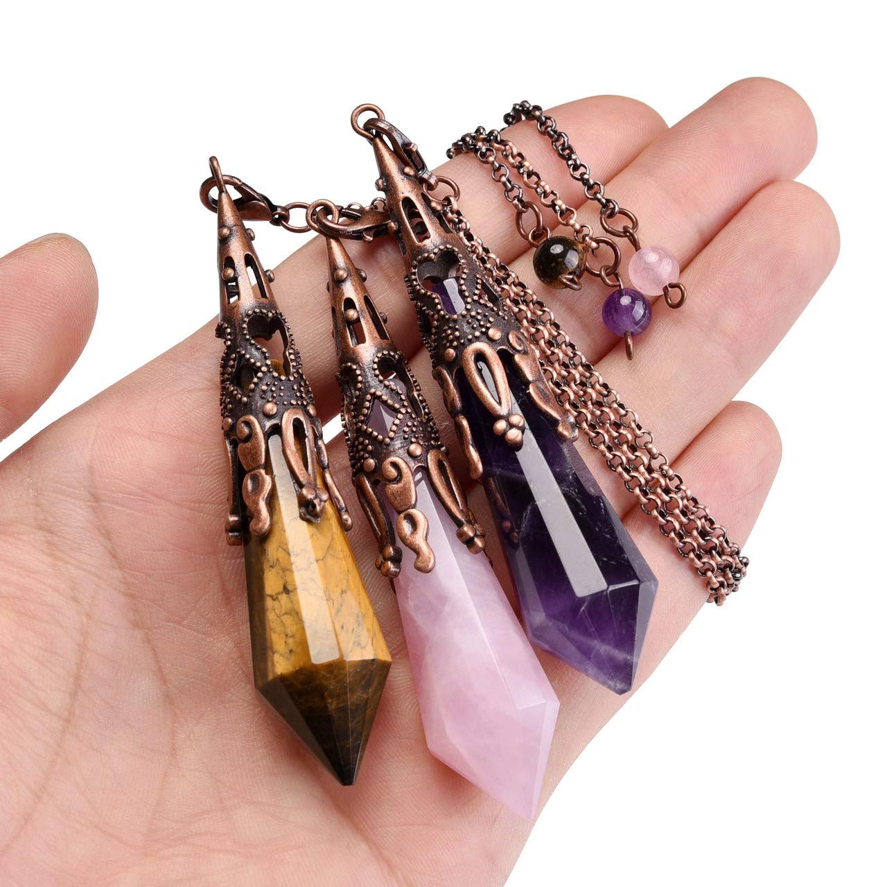 Jovivi 3pcs Natural Amethyst Rose Quartz Crystal 12 Facted Therapy Healing Dowsing Divination Pendulum Reiki Charged Chakra Balancing Pendant with Chain