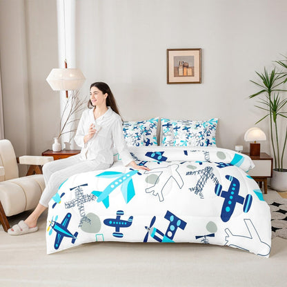 Erosebridal Kids Airplane Twin Bedding Set 7-Piece Aircraft Bed in A Bag with Sheets for Kids Boys Teens Aviation Theme Cartoon Comforter Set Teal Blue Airplanes Bedding Comforter Sets