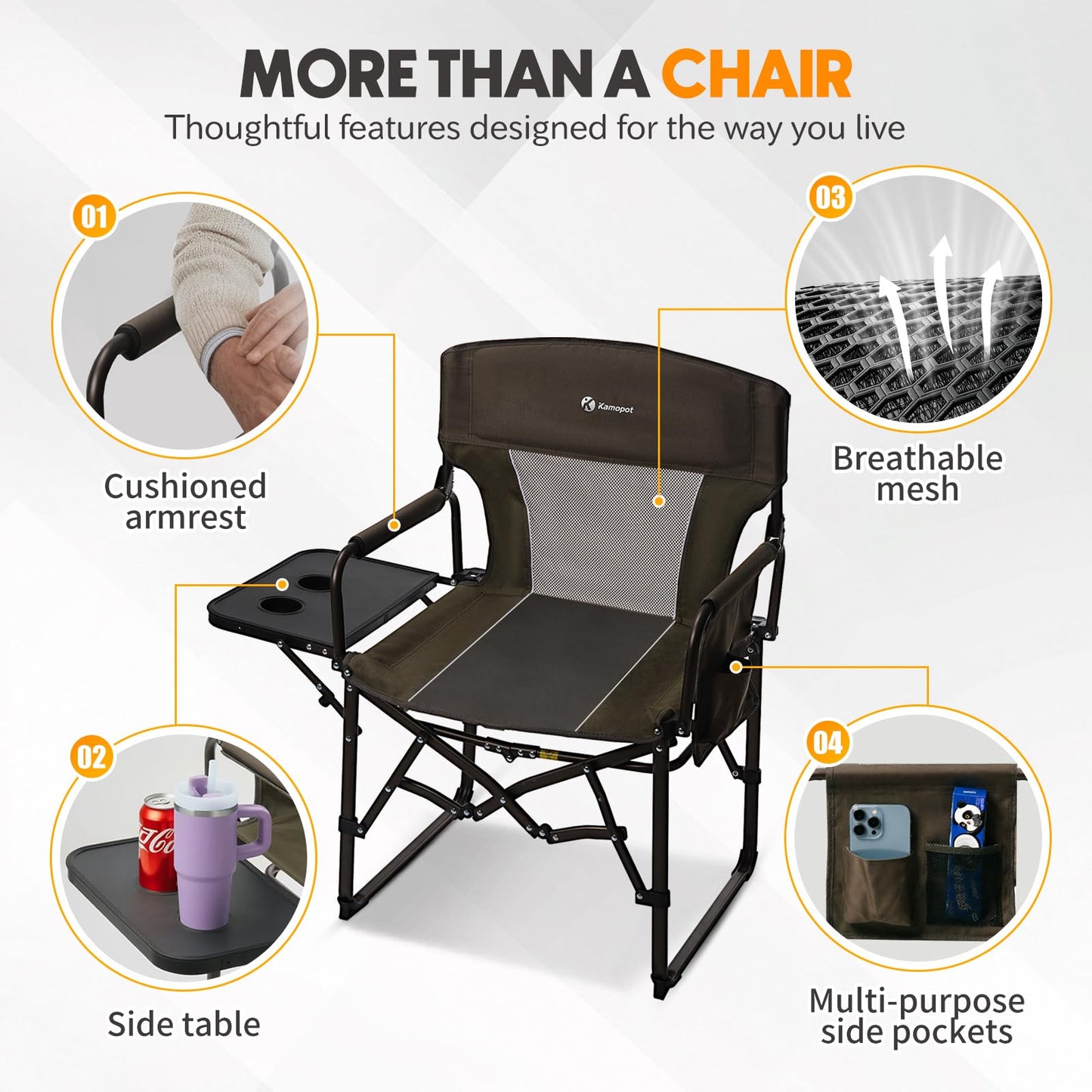 kamopot Directors Chair Foldable with Side Table, 400lb Heavy Duty for Adults Outdoor, Folding Camping Chair for Sideline Sports, Fishing, Patio, Lawn, Picnic, Beach, 2-Pack Brown