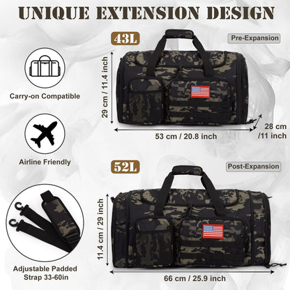 Tactical Duffle Bag For Travel Expandable 52L Large Duffle Bag For Men Gym Duffel With Wet Pocket Multi-Functional Carry On Bags Weekender Overnight Bag Organizer Duffel Bag For Travel