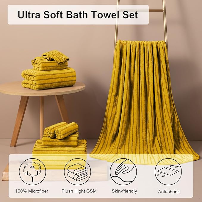 4 Pcs Yellow Cabana Stripe Large Bath Towels 35"x70" Oversized Bath Sheet Super
