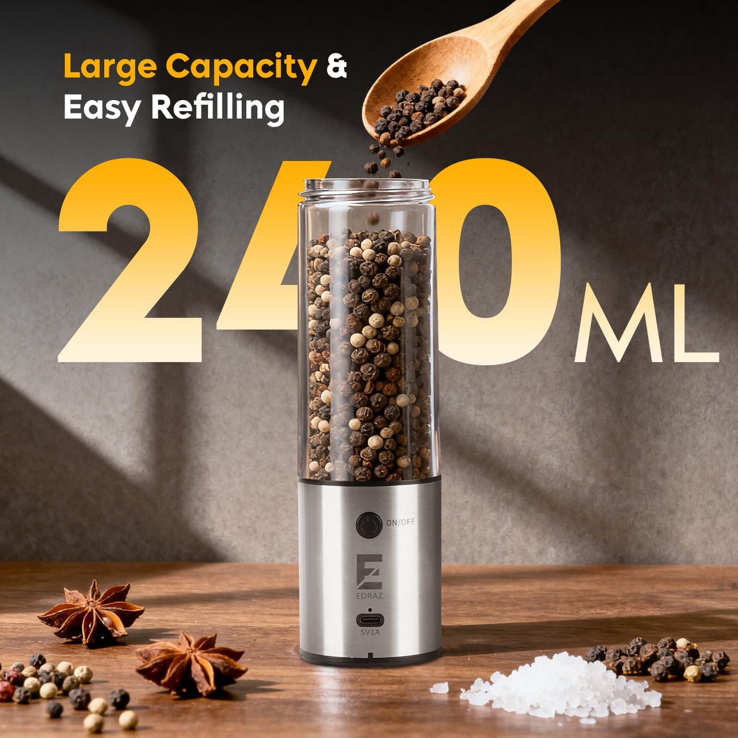 Electric Salt & Pepper Grinder Set One - Handed Automatic Pepper Mill with LED Light Adjustable Coarseness Large - Capacity Refillable Mill Durable Ceramic Core Battery Powered Seasoning Grinder