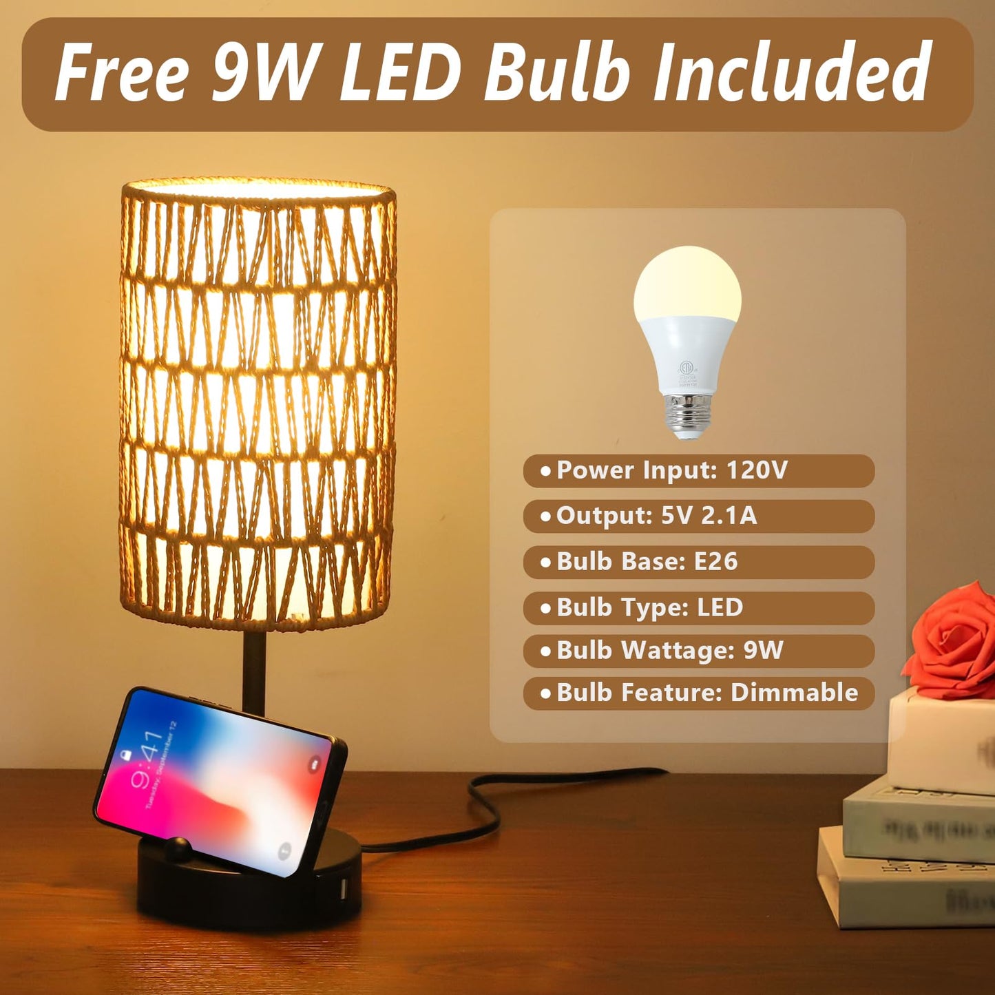 Touch Table Lamp For Bedroom with Bulb, Boho Small Desk Lamp For Living Room With Rattan & Linen Shade, 3 Way Dimmable Bedside Table Lamp For Nightstand With USB Charging Port & Phone Stand For Office