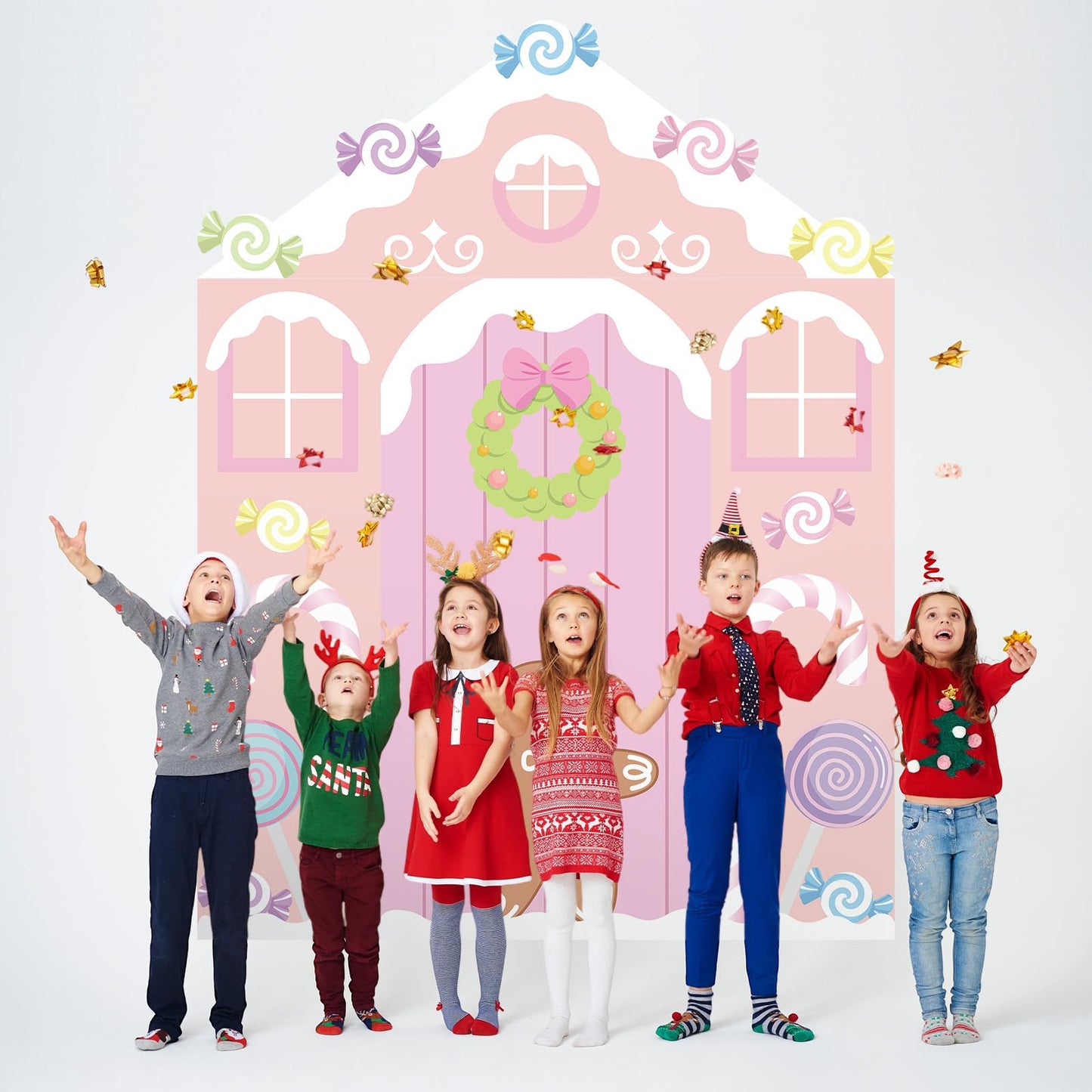 Hahafelt 4 Pcs Pastel Candy Christmas Gingerbread Door Covers Decoration Xmas Pink Gingerbread House Candy Door Backdrop Christmas Photo Booth Props Porch Sign for Holiday Classroom Home Party Decor
