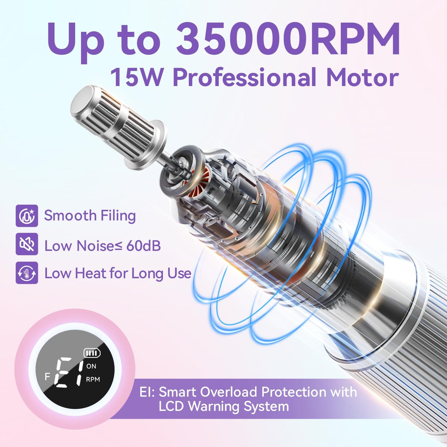 Makartt Nail Drill Professional: 60W 35000RPM Electric Nail File with Coreless Motor, 2 in 1 Desktop & Portable, Drill Bits and LCD Display for Acrylic Gel Nails, Nouvella Pink