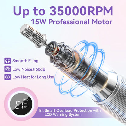 Makartt Nail Drill Professional: 60W 35000RPM Electric Nail File with Coreless Motor, 2 in 1 Desktop & Portable, Drill Bits and LCD Display for Acrylic Gel Nails, Nouvella Pink