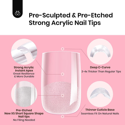 Beetles Tipex Gel Nail Kit, Medium Almond Nail Tips 224 Pcs 16 Sizes Pre-Building Pre-Etched Thick Acrylic Tips with Tipex Glue, Mini Lamp