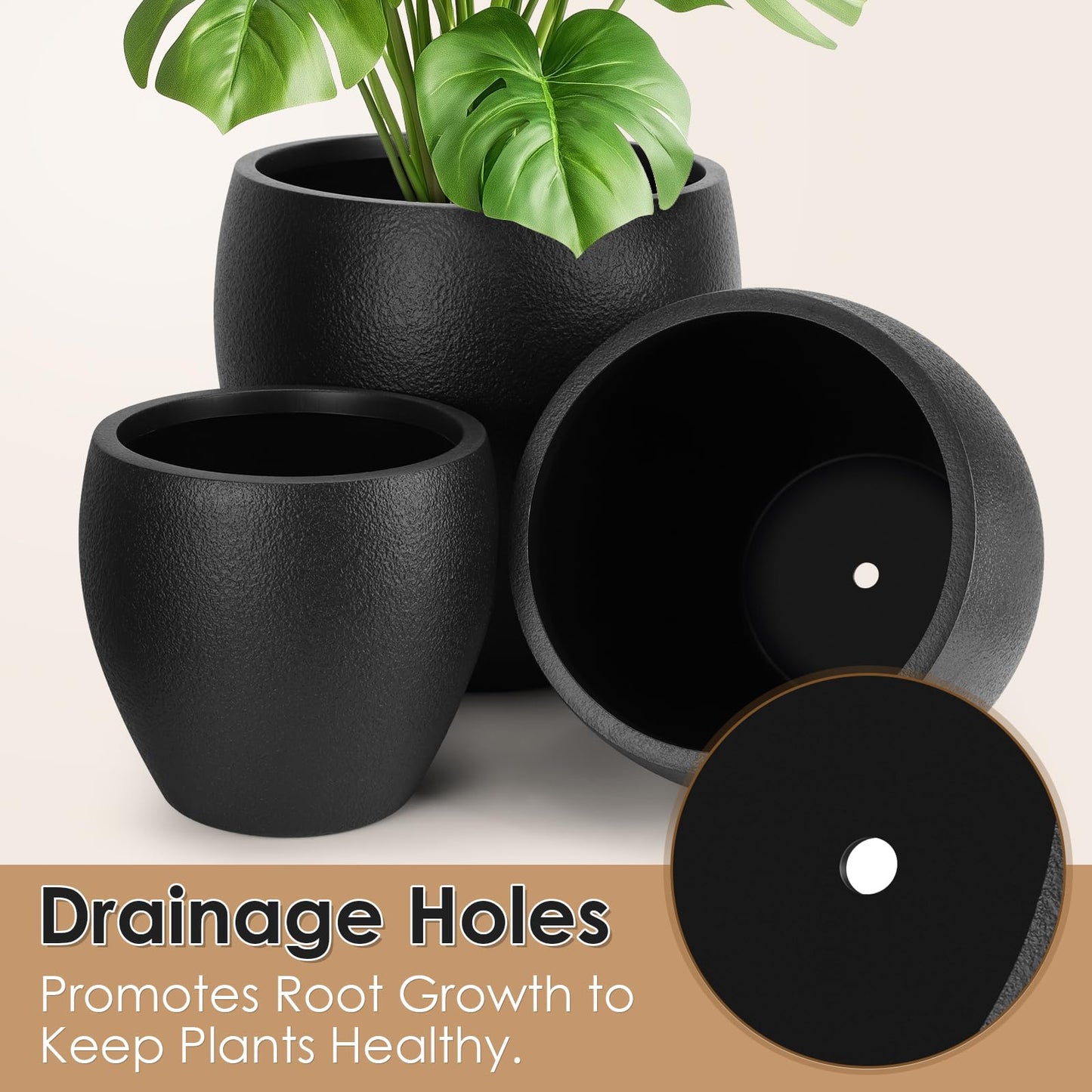 YNNICO Plant Pots 17.5/14.8/12.2 inch Set of 3, Flower Pots with Drainage Holes, Large Planters for Indoor Outdoor Garden Plants and Flowers. (Black)