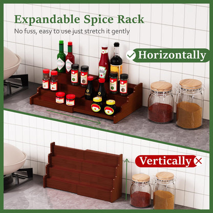 Spice Rack Organizer for Cabinet, 4 Tier Expandable Spice Rack, Bamboo Spice Organizer for Kitchen Cabinet, Pantry and Countertop Organization, Set of 2- Brown