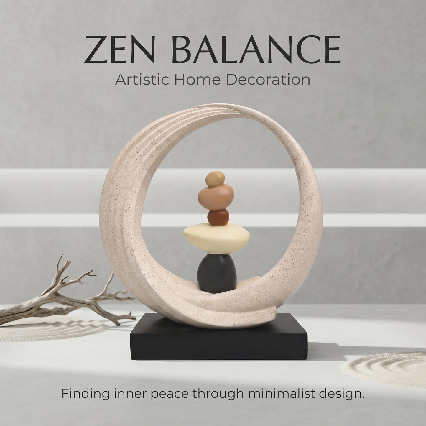 Abstract Zen Balance Sculpture, 10.4" H Modern Gold Spiral Faux Stone Stack Statue, Organic Resin Home Decor for Living Room, Bookshelf, Office, Minimalist Tabletop Art (White)