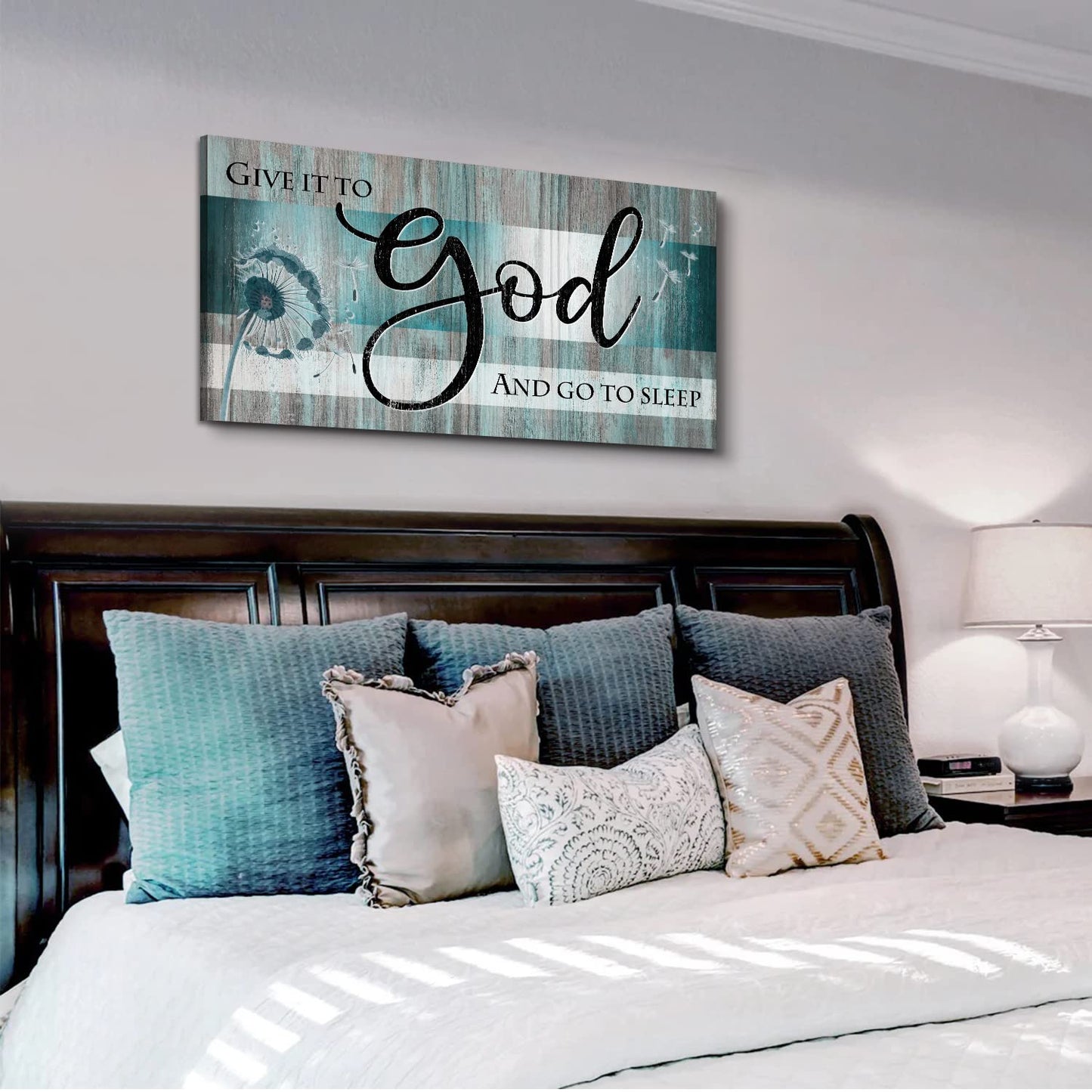 Christian Wall Art Bible Verse Wall Decor Give It to God and Go to Sleep Bedroom Pictures Teal Faith Quote Canvas Painting Religious Scripture Poster Dandelion Artwork Living Room Decorations 20x40"