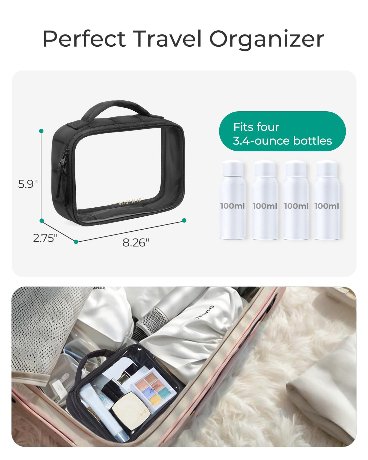 BAGSMART Clear TSA-Approved Toiletry Bag, Large Opening Quart Sized Makeup Bag with Handle, Double Zipper, Clear Cosmetic Organizer for Women