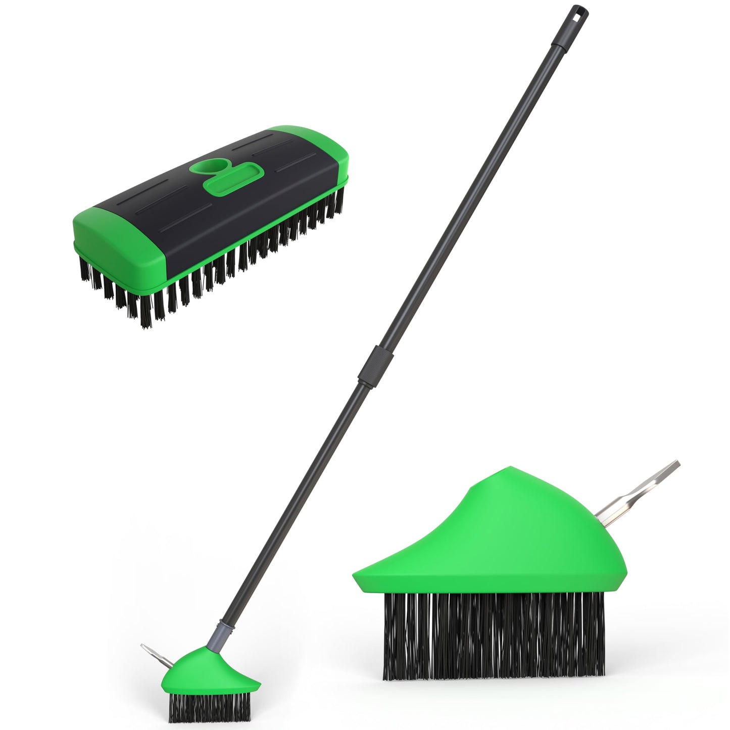 3 in 1 Telescopic Weed Remover Brush Wire Head Paving Decking Clean Scrub Moss Weed Remover Tool Wire Brush Scraper Set with Metal Broom & Weed Removal Head Green