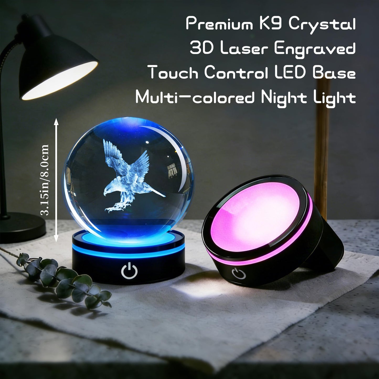 QIANCHANG 3D Eagle Crystal Ball with LED Stand, 80mm Glass Sphere Night Light Lamp, Eagle Statue Gifts for Men Women Kids