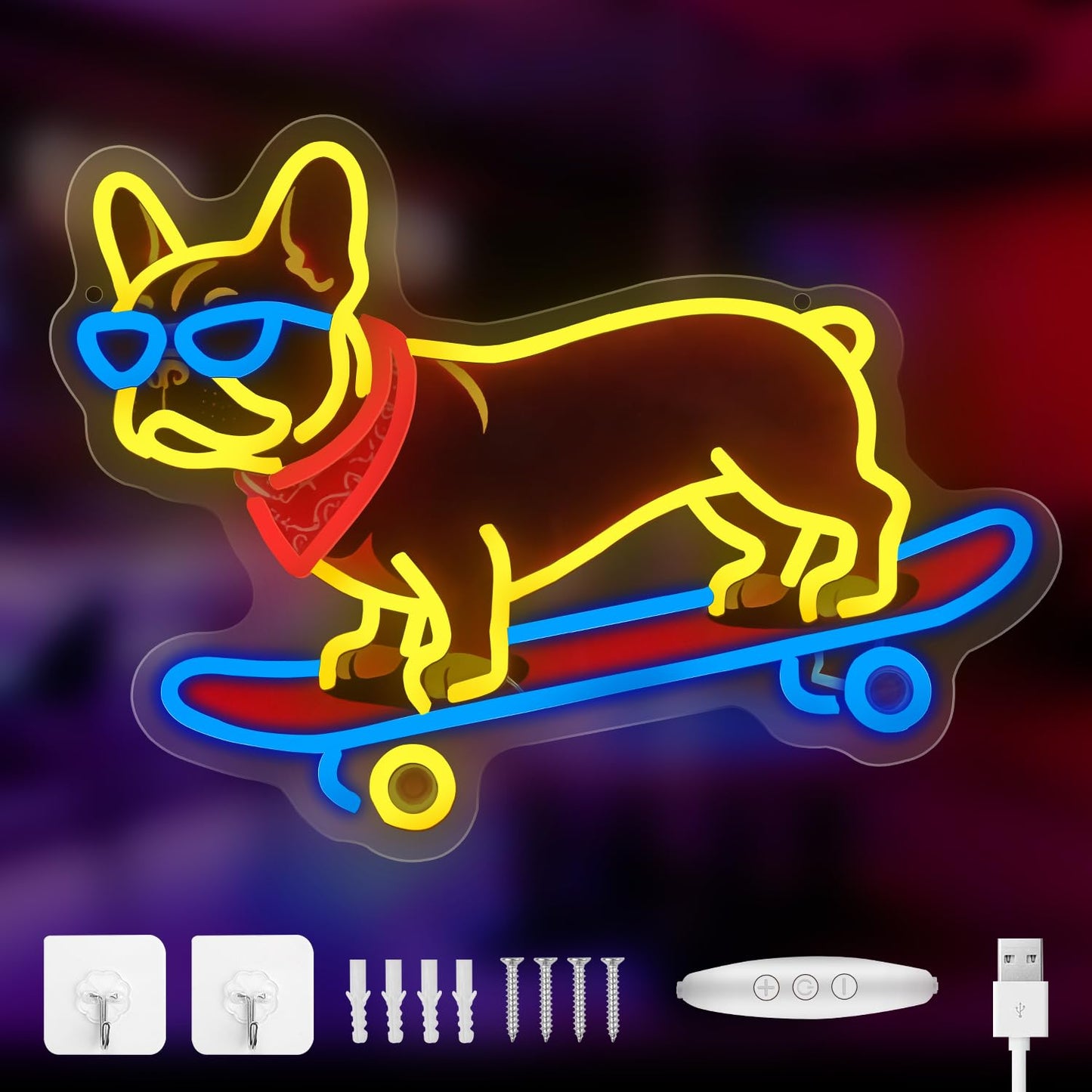 French Bulldog Skateboarding Neon Sign, Skateboard Dog Frenchie Wearing Glasses Neon Signs, Dimmable LED Bulldog Wall Art Decor, Frenchie Dog Lover Gifts