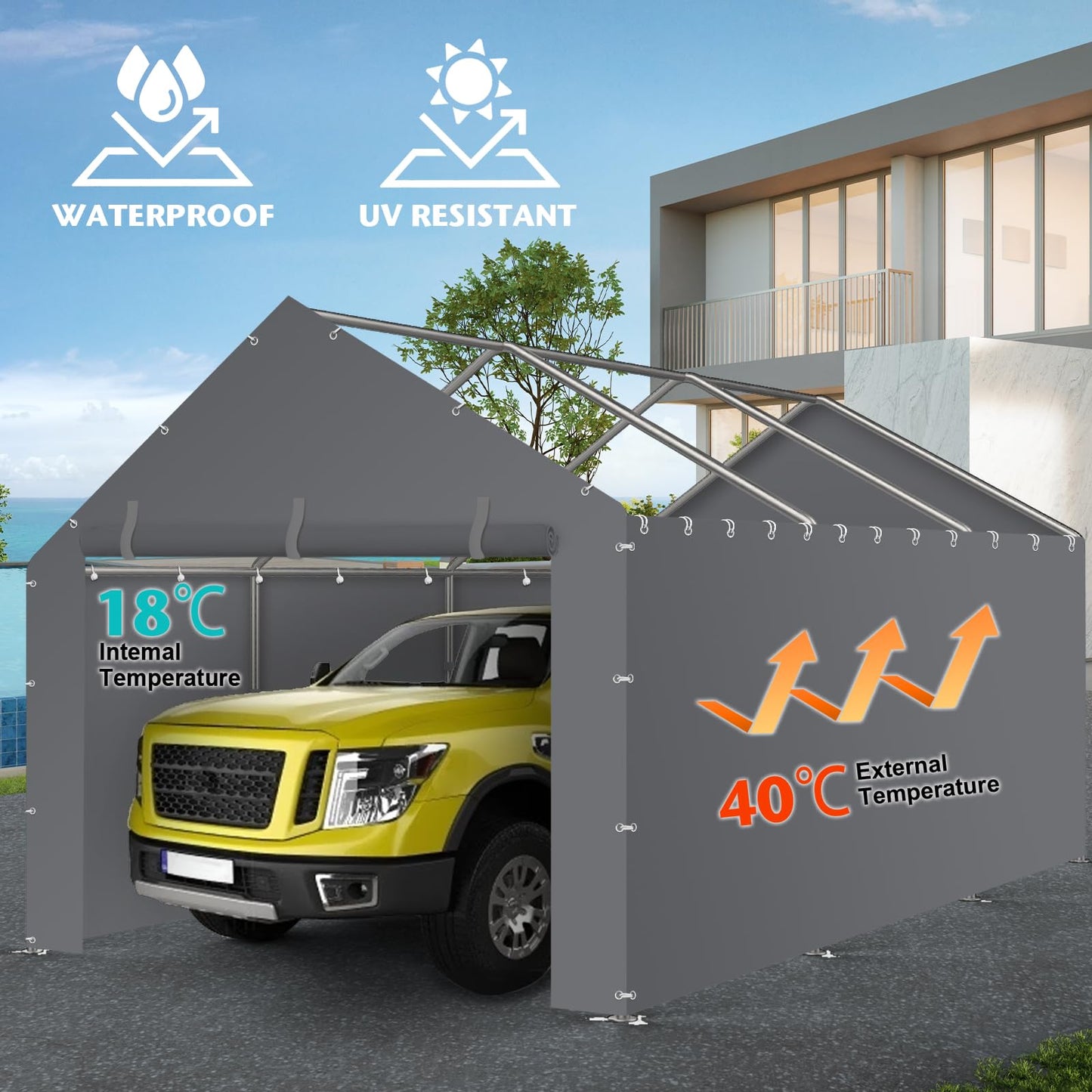 Carport Replacement Canopy Cover Sidewalls for 10x20x9.35FT Frame, Heavy Duty Garage Car Tent Shelter Tarp with Ball Bungees, Waterproof & UV Protected (Frame is not Included) (Grey)