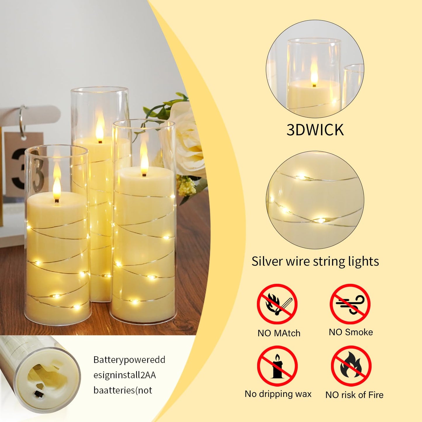 Flameless Candles,with Embedded Star String, Battery Operated Candles Flickering LED Pillar Candles with Remote Control and Timer, Home Decoration Add a Warm and Romantic Atmosphere，Set of 7 (Ivory)