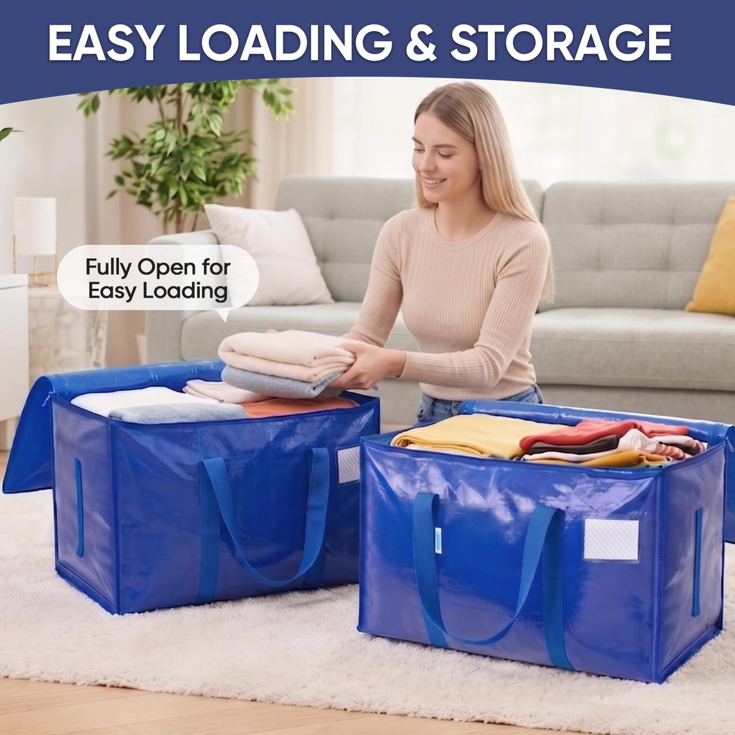 TICONN 4 Pack Extra Large Moving Bags Heavy Duty with Zippers & Carrying Handles, Durable Storage Bags Moving Boxes for Closet Organizers and Storage (4 Pack, Blue)
