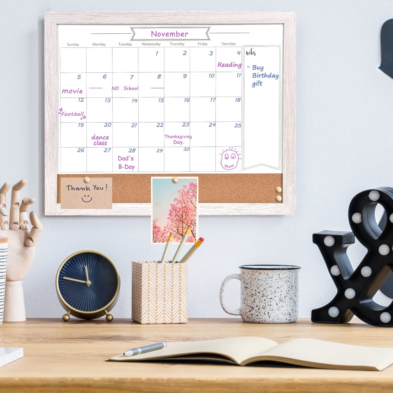 TORASO Whiteboard Calendar & Corkboard, Small Combination Dry Erase White Board & Bulletin Board, 13" x 17", White Wood Framed Calendar/Cork Combo Board(ZHYL-WH-3343)