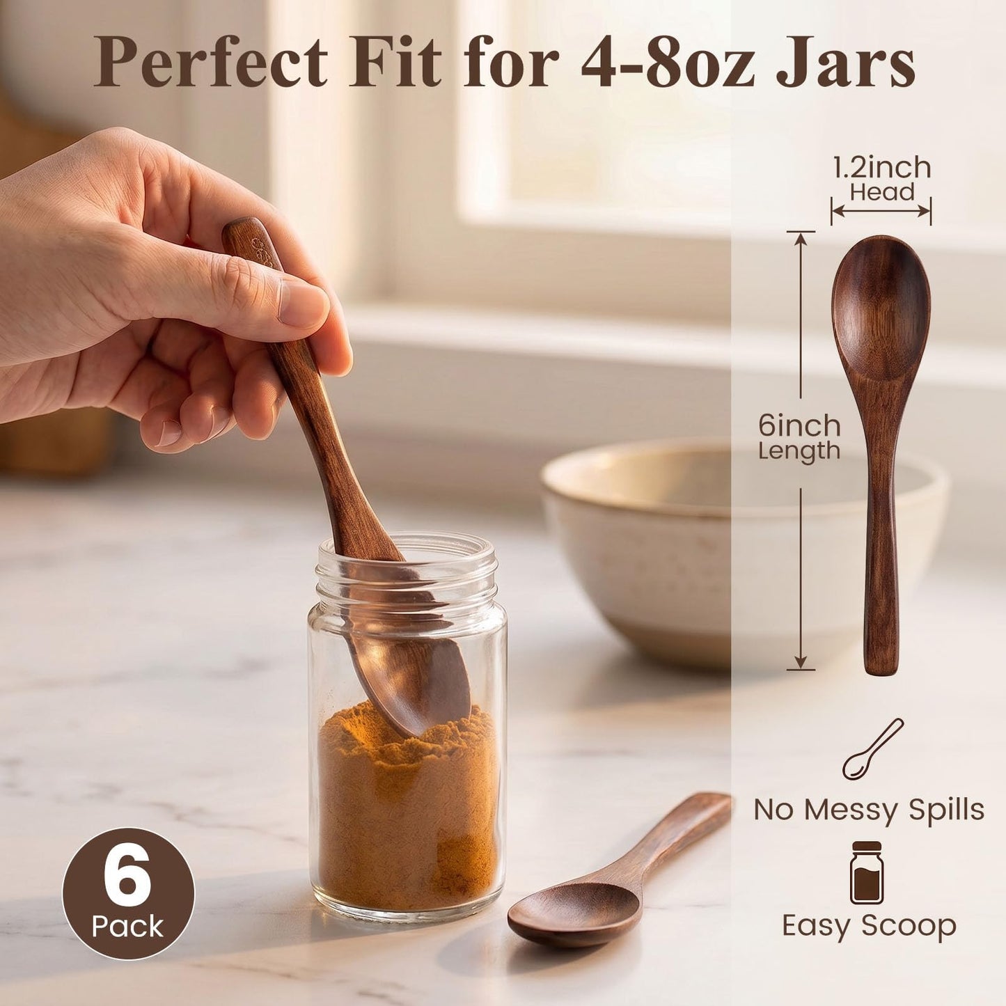 6 Inch Small Eating Spoons with 10PCS 3 Inch Mini Wood Spoons for Spice Jars Salt Sugar Honey Coffee Tea, Versatile Kitchen Utensils for Stirring and Serving