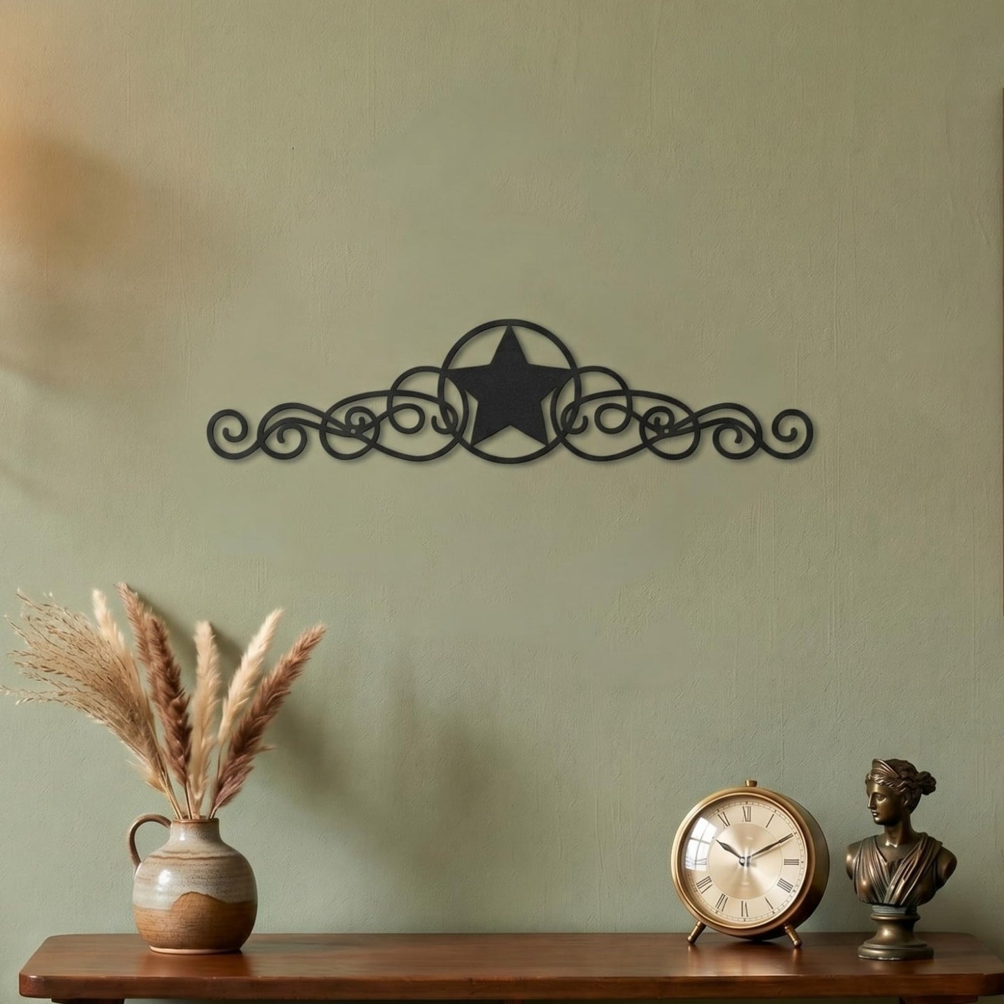 LEIFIDE Metal Star Wall Decor Black Scroll Star Rustic Country Decorations for Home Western Decorative Wall Art for Outdoor, 15.75 x 3.54 Inches