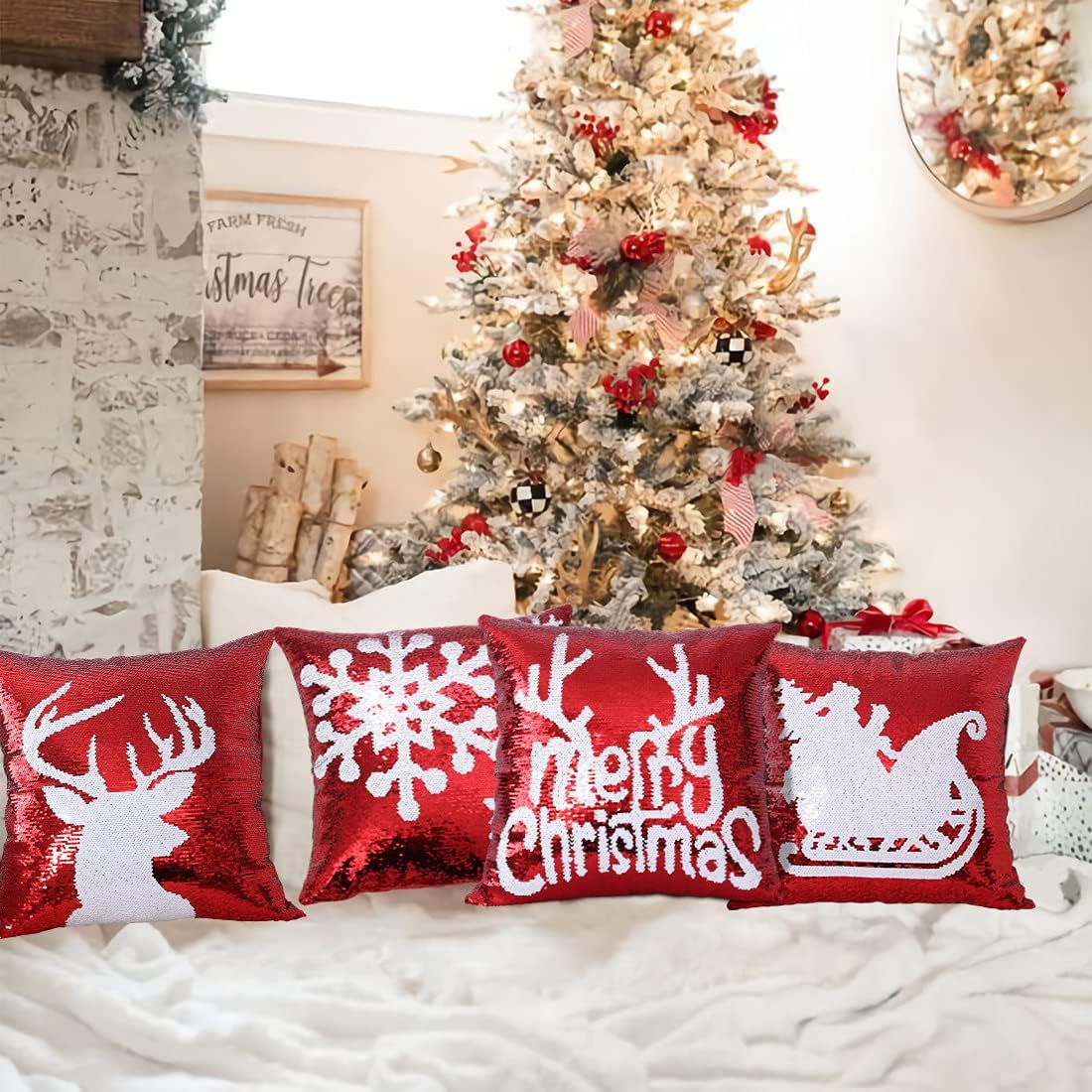 Gujiahone Bling Christmas Sequin Pillow Covers 18 x 18 Inches Set of 4 Red Reversible Sequins Pillow Case Magic Mermaid Throw Decorative Xmas Cushion Cover for Couch