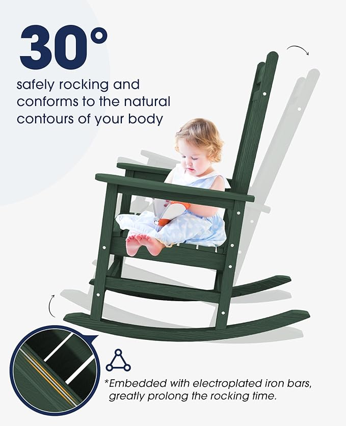 KINGYES Oversized Outdoor Rocking Chair Set of 2, All-Weather Patio Rocking Chairs for Porch, HDPE Outdoor Patio Rockers with High Back & Wide Seat for Garden, Lawn, Green