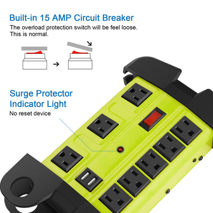 Heavy Duty Power Strip with USB, Workshop 8 Outlet Surge Protector 2700 Joules, Industrial Metal 15Amp Power Strip, 6FT Extension Cord and Wide Spaced. Yellow