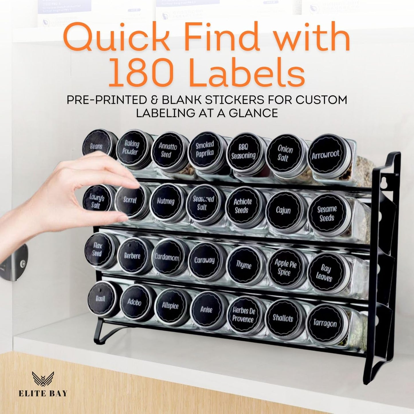 ELITE BAY-Spice Jar Rack Organizer with KEEP – 4-Tier Organizer with 28 Empty Bottles, 180 Waterproof Labels (55 Blanks) & Funnel| Space-Saving Spice Storage for Kitchen Counter or Cabinet.