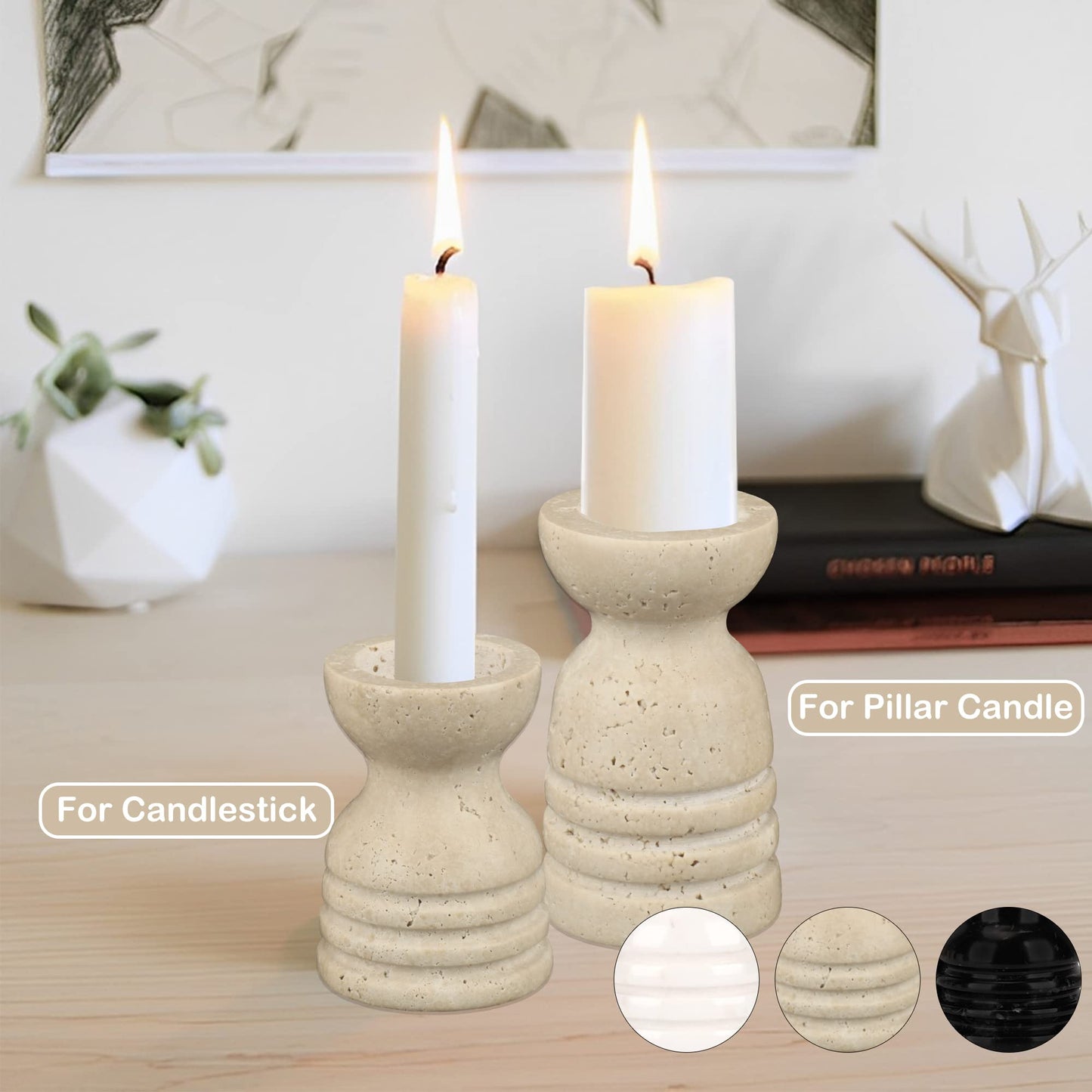 WORHE Candle Holders Italy True Natural Travertine Stone Set of 2 Premium Marble Candlestick Holder for Wedding Dinning Party Candle Stand for Dia 3/4" Taper Pillar Candles Color Beige (CH6065YL)