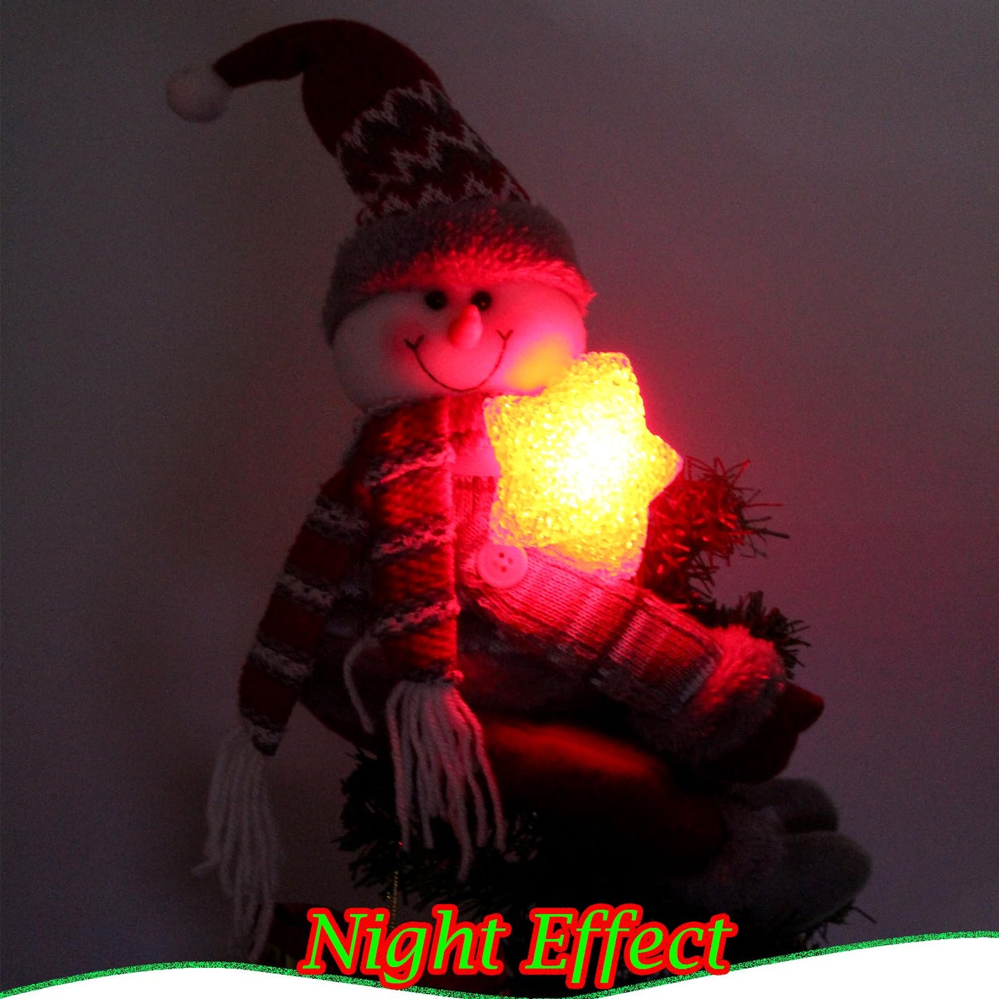 Christmas Plush Snowman Tree Topper with Lighted Red Star - Multifunctional Xmas Treetop Ornament, Home Curtain Tie & Hugger Wine Bottle Party Decoration