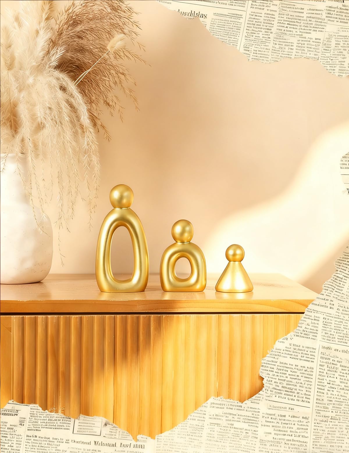 Joogour Abstract Family of 3 Figurines Modern Sculptures - Minimalist Home Decor for TV Stand, Bookshelf, Living Room | Decorative Accents and Gift Ideas as Knick Knacks for Shelves (GLOD)