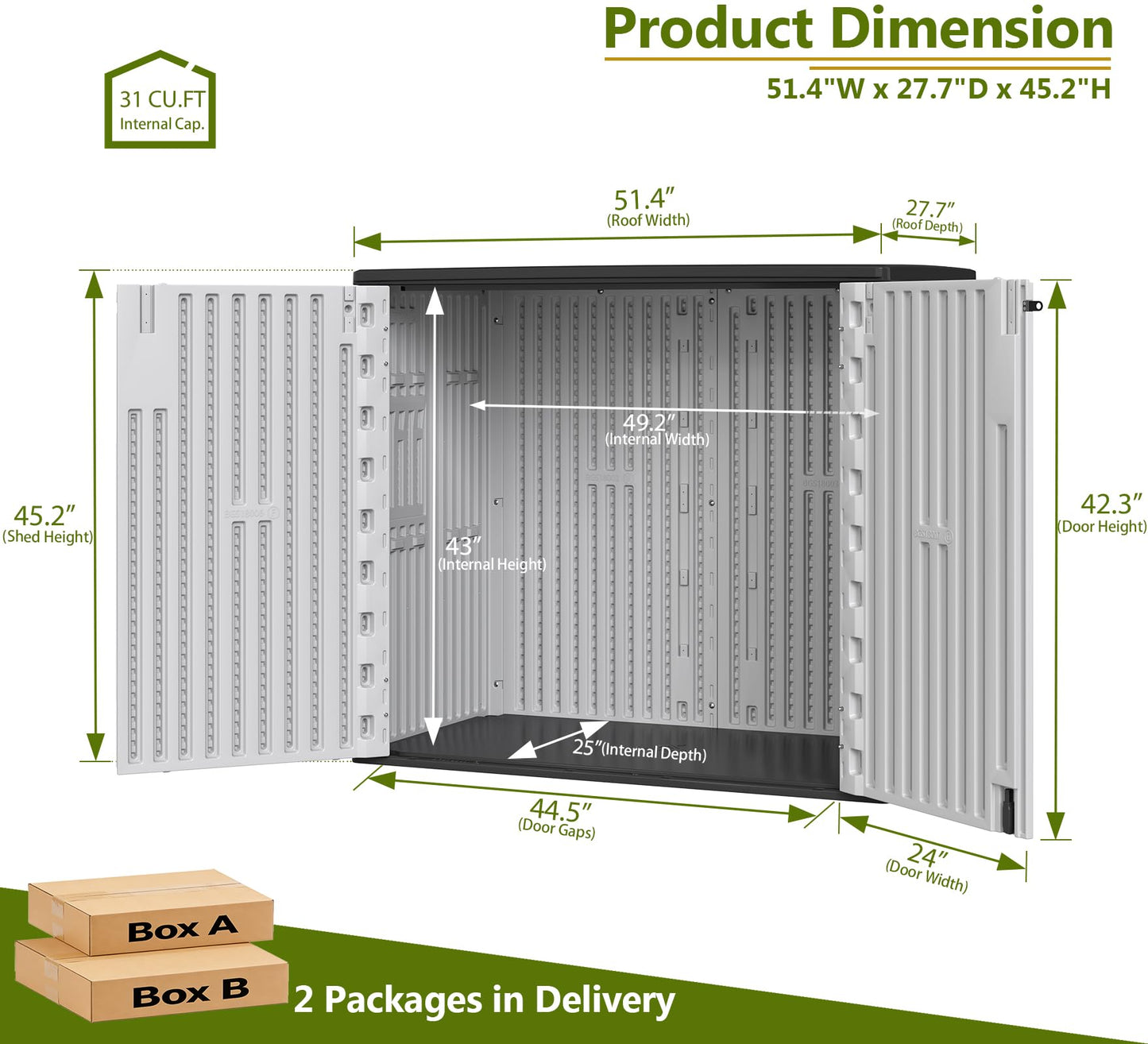 ZZM 37 Cu.ft Outdoor Storage Shed Double-Wall HDPE Storage Cabinet, Waterproof Plastic Sheds with Floor Horizontal Lockable Garden Tools Trash Can, Lawn Mower, Bike Storage, Black
