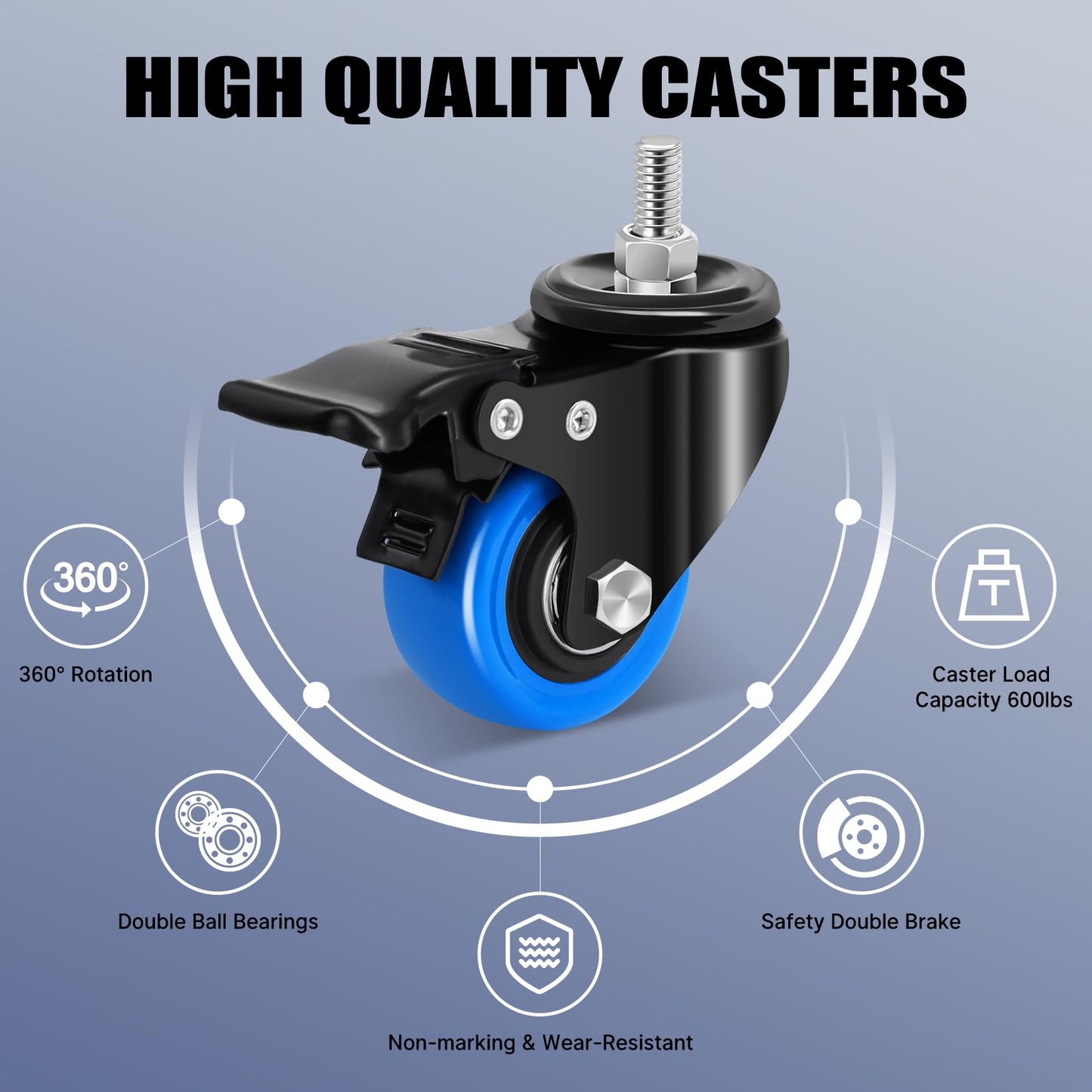 Humagineer Stem Caster Wheels 2 Inch, Heavy Duty Threaded Stem Casters, 3/8"-16 x 1 (Screw Diameter 3/8", Length 1") Swivel Casters Set of 4 with Safety Dual Locking Wheel for Furniture and Cart