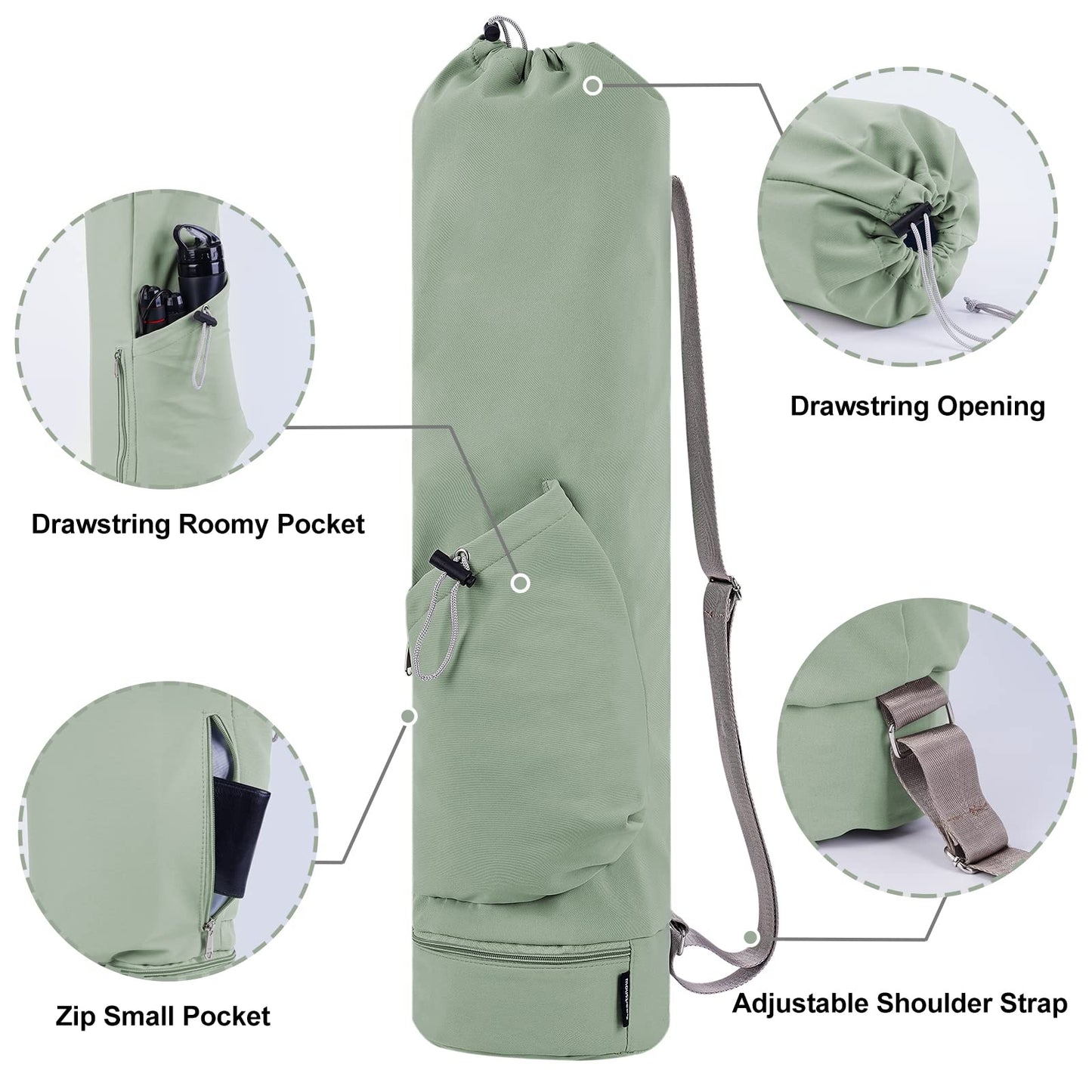 sportsnew Yoga Mat Bag with Water Bottle Pocket and Bottom Wet Pocket, Exercise Yoga Mat Carrier Multi-Functional Storage Bag, Green,Patent pending