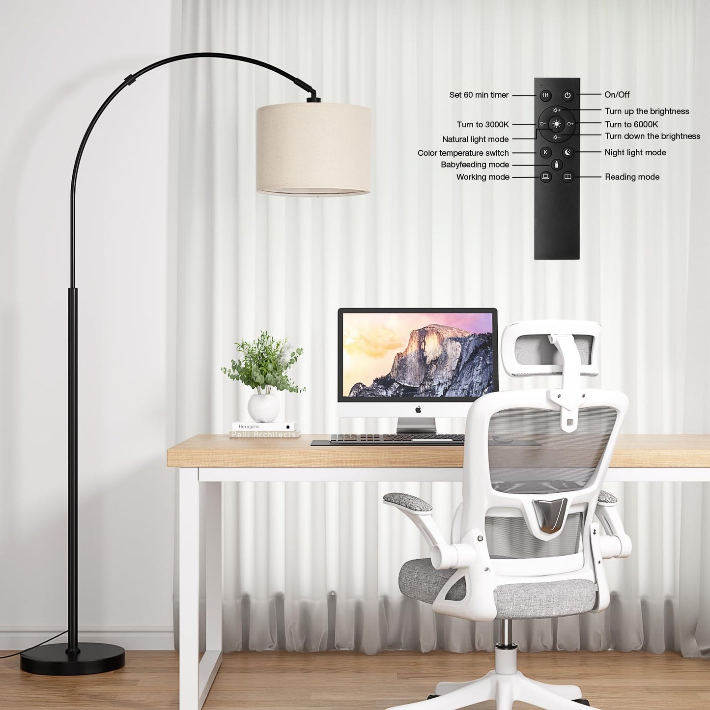 Ambimall 70 Dimmable Arc Floor Lamp with Remote, Color Temperatures and Brightness Adjustable, Arched Floor Lamp with Rotating Head, Over Couch Arched Light for Living Room (Deep Beige and Black)