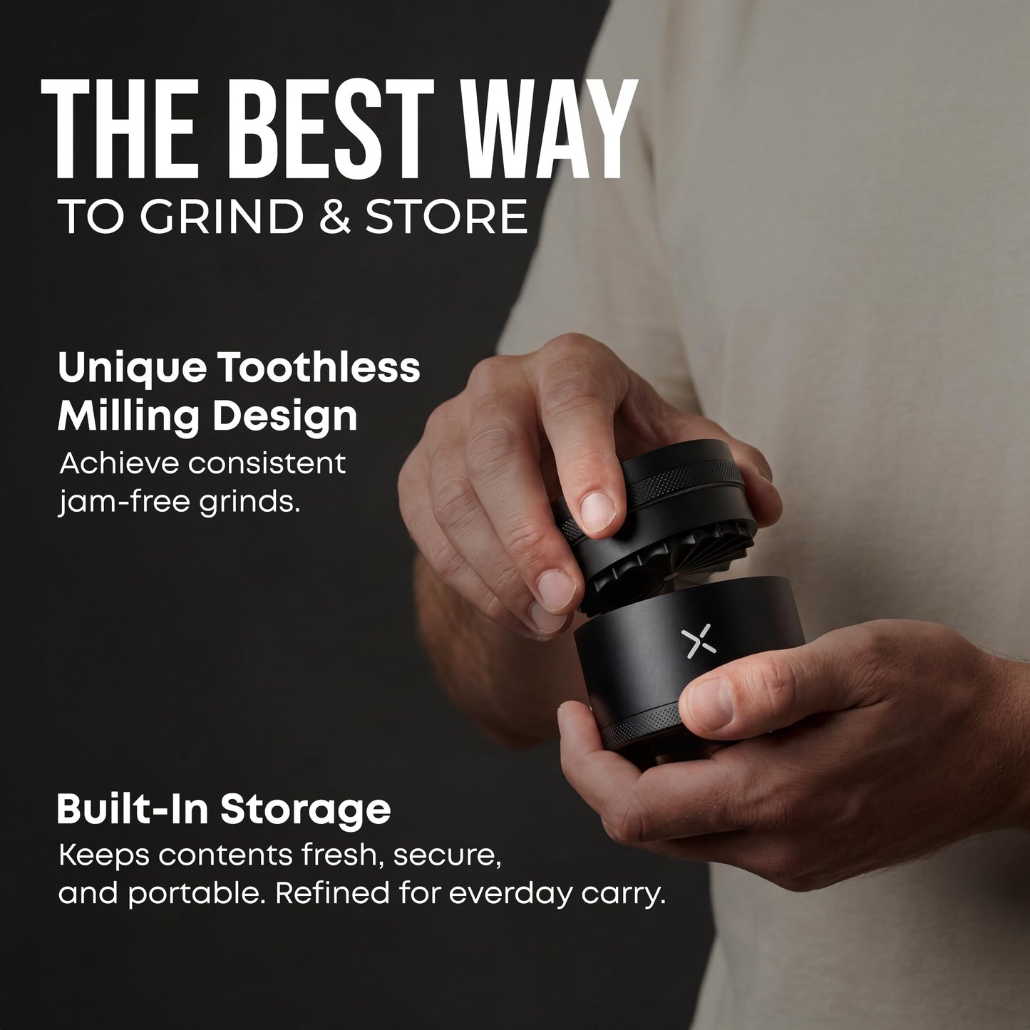 MillX Premium Toothless 2.5 Inch Aluminum Spice & Herb Grinder, Extra Storage Compartment, Manual Kitchen Use, Jam-free and Smooth Grinder (Matte Black)
