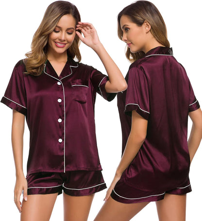 SWOMOG Womens Silk Satin Pajamas Set Short Sleeve Sleepwear Button Down Top and Shorts Loungewear 2 Piece Pjs Set XS-3XL