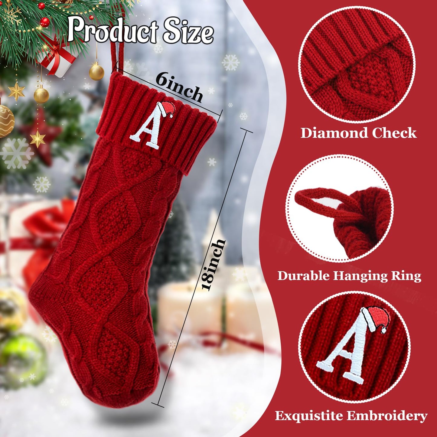 Ulico Christmas Stockings with Initials, 18’’ Large Embroidered Monogram Knit Christmas Stocking,Xmas Stocking for Kids, Holiday and Family Stocking for Fireplace or Party Decoration Red Letter A