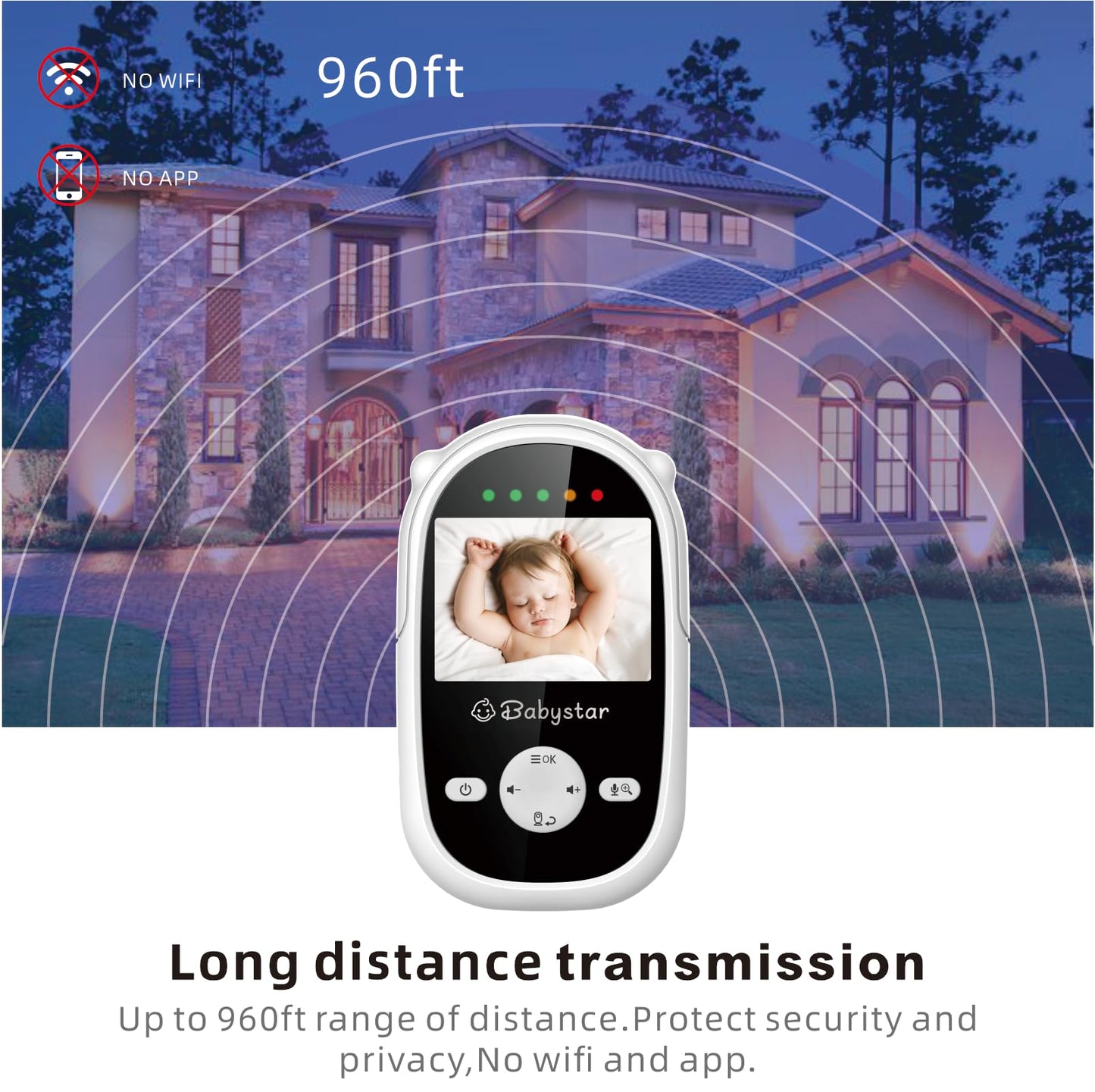 Babystar Baby Monitor with Camera and Night Vision,Wireless Video Baby Monitor with Rechargeable Battery,Two-Way Talk,2.4inch HD Screen,Feeding Reminder,4 Lullabies